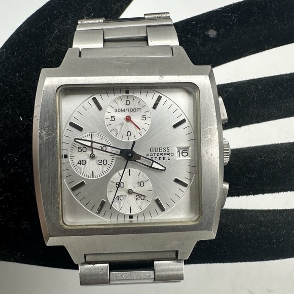 Guess Silver tone Stainless Steel Waterpro Chronograph Watch 112007 G1 3ATM
